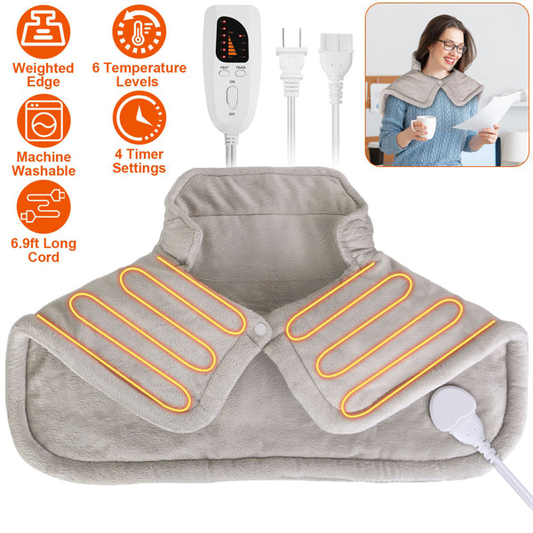 Electric Neck and Shoulder Heating Pad – 6 Heat Settings, Machine Washable Weighted Wrap with Auto Shut-Off
